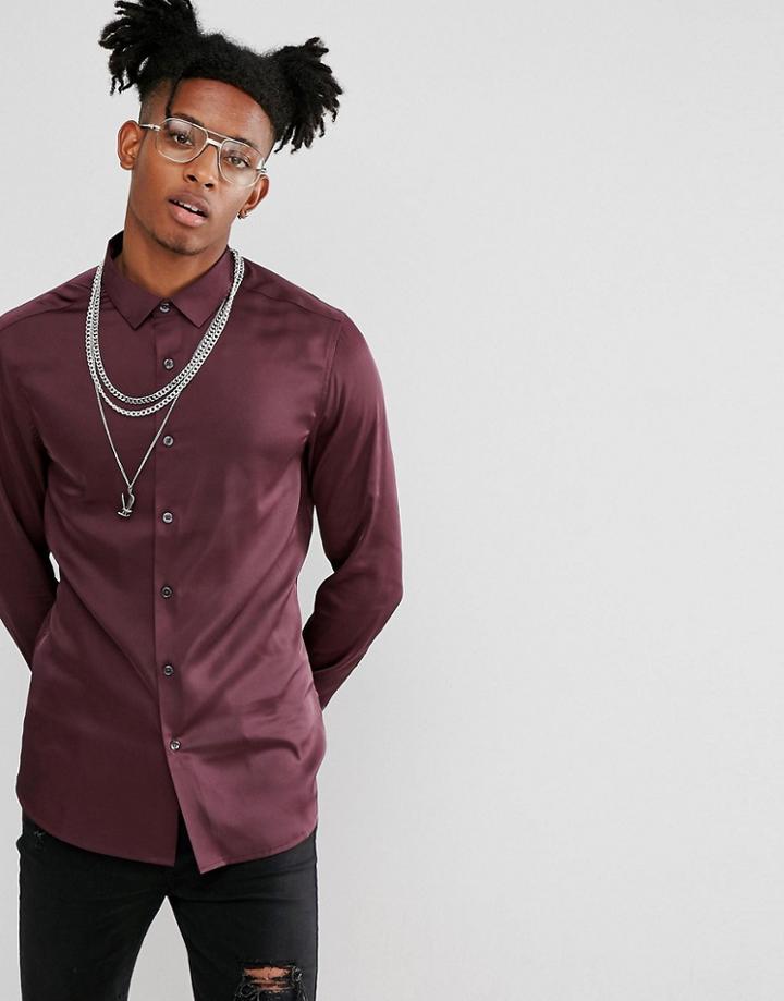 Asos Skinny Sateen Shirt In Burgundy - Red