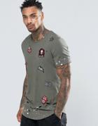Black Kaviar Longline T-shirt With Distressing And Patches - Green