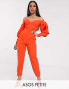 Asos Design Petite Off Shoulder Structured Sleeve Jumpsuit With Sweetheart Neck