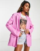 Bershka Faux Leather Blazer In Bright Pink