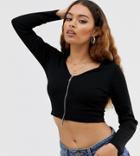 Asos Design Petite Top In Rib With Full Length Zip With Long Sleeve-black