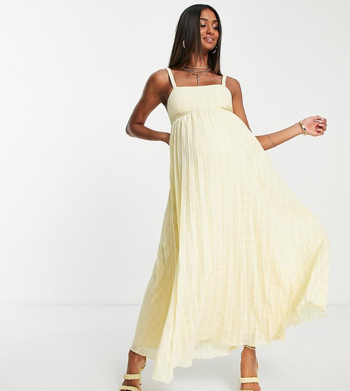 Asos Design Maternity Elastic Pleated Midi Dress In Pastel Yellow