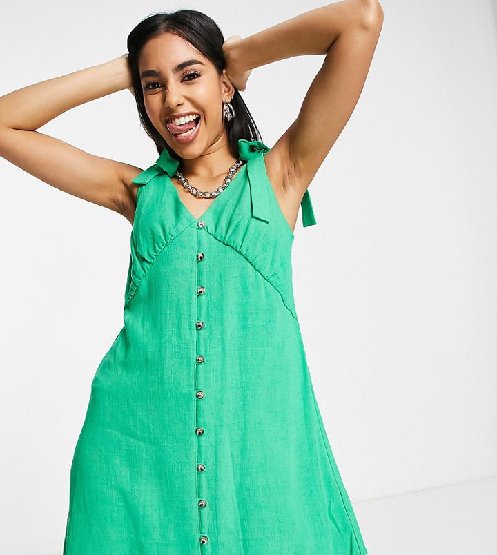Topshop Petite Button Through Flippy Mini Dress In Linen In Green