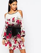 Lipsy Cold Shoulder Swing Dress With Belt In Floral Print - Multi
