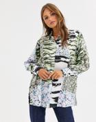 Asos Design Oversized Satin Shirt In Mixed Scarf Print - Multi