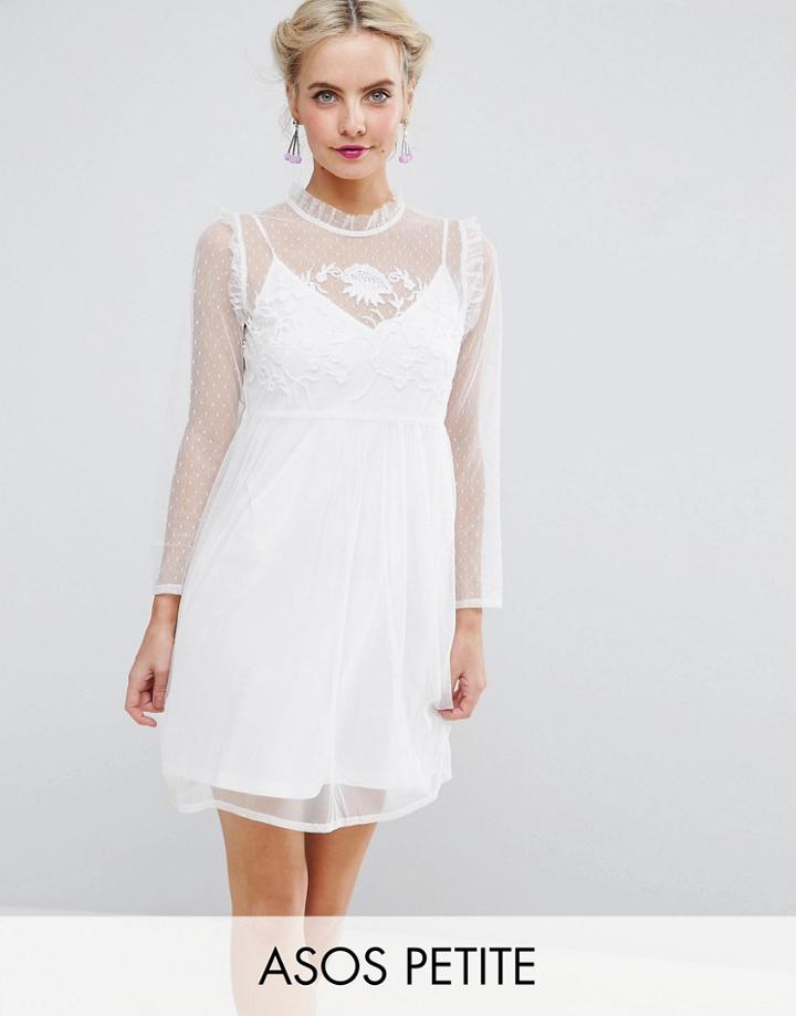 Asos Petite Dobby Mesh Embroidered Smock Dress - White