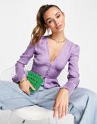 Asos Design Button Front Jacquard Tea Blouse With Waist Detail And Fluted Sleeve-purple