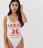 Asos Design Recycled Petite Hawaii Slogan Scoop Neck Swimsuit - White