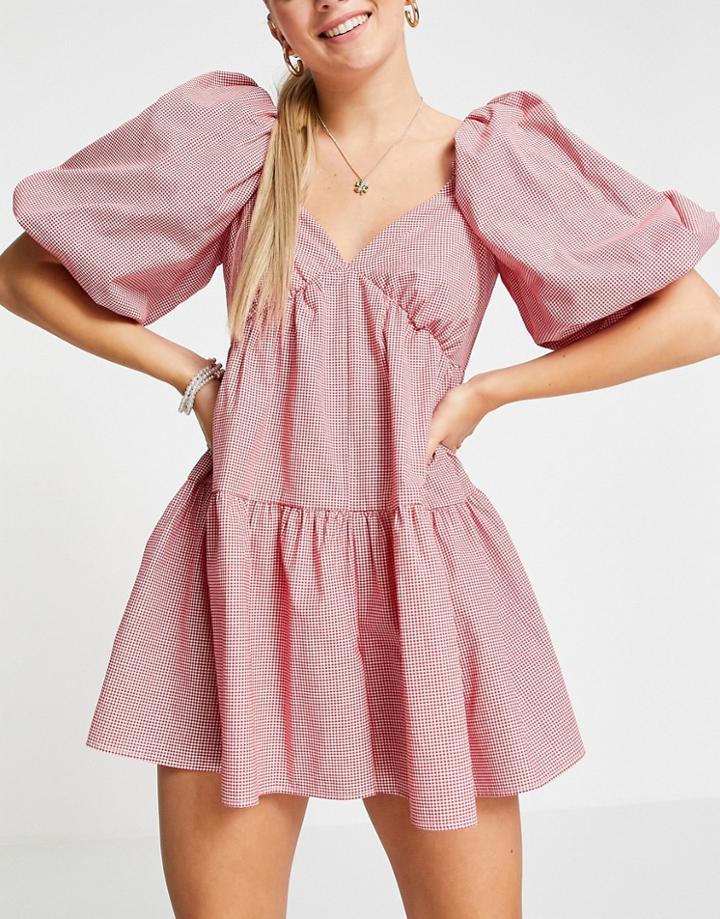 Asos Design Puff Ball Romper In Red Gingham-multi