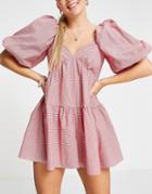 Asos Design Puff Ball Romper In Red Gingham-multi