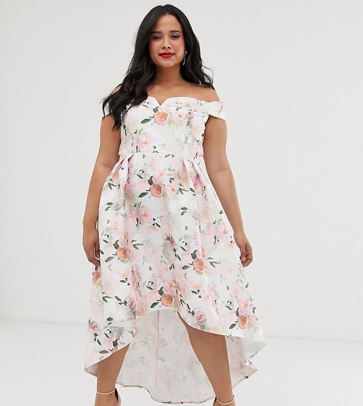 Chi Chi London Plus Bardot Midi Prom Dress In Floral - Multi
