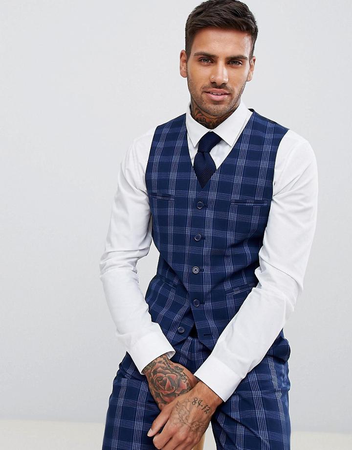 Asos Design Wedding Skinny Suit Vest In Tonal Blue Check - Blue