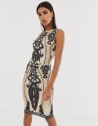 Goddiva High Neck Placement Sequin Midi Dress In Taupe And Black - Multi