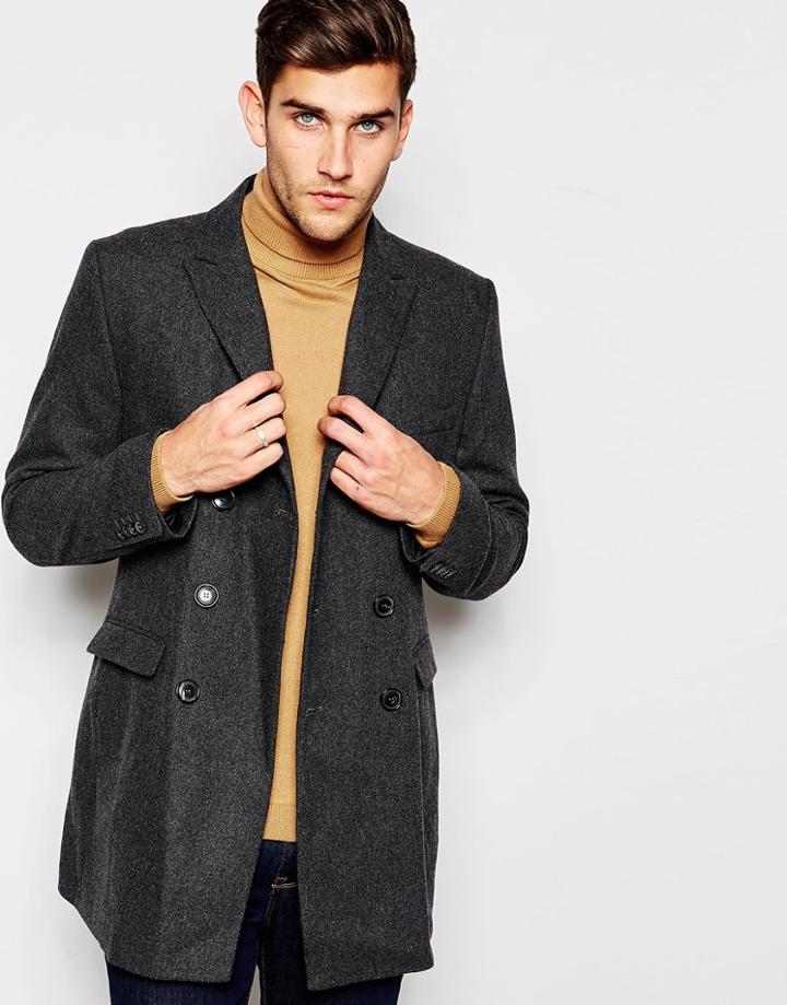 Selected Homme Double Breasted Wool Overcoat - Charcoal