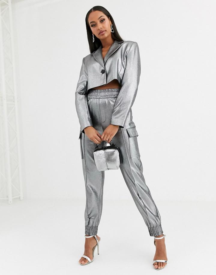 Asos Design Metallic Cropped Suit Blazer-silver