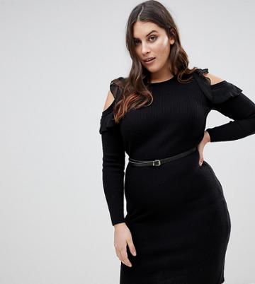 Lipsy Curve Knitted Midi Dress With Frill Detail - Black