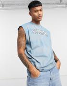 Asos Design Oversized Tank In Blue Tie Dye With Text Print