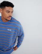 Asos Design Oversized Sweatshirt With Retro Stripes And Embroidery - Blue