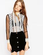 Asos Top With Crochet Lace Trim And Mesh High Neck - Multi