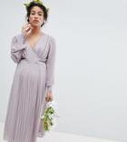 Tfnc Maternity Long Sleeve Midi Bridesmaid Dress With Pleated Skirt-grey