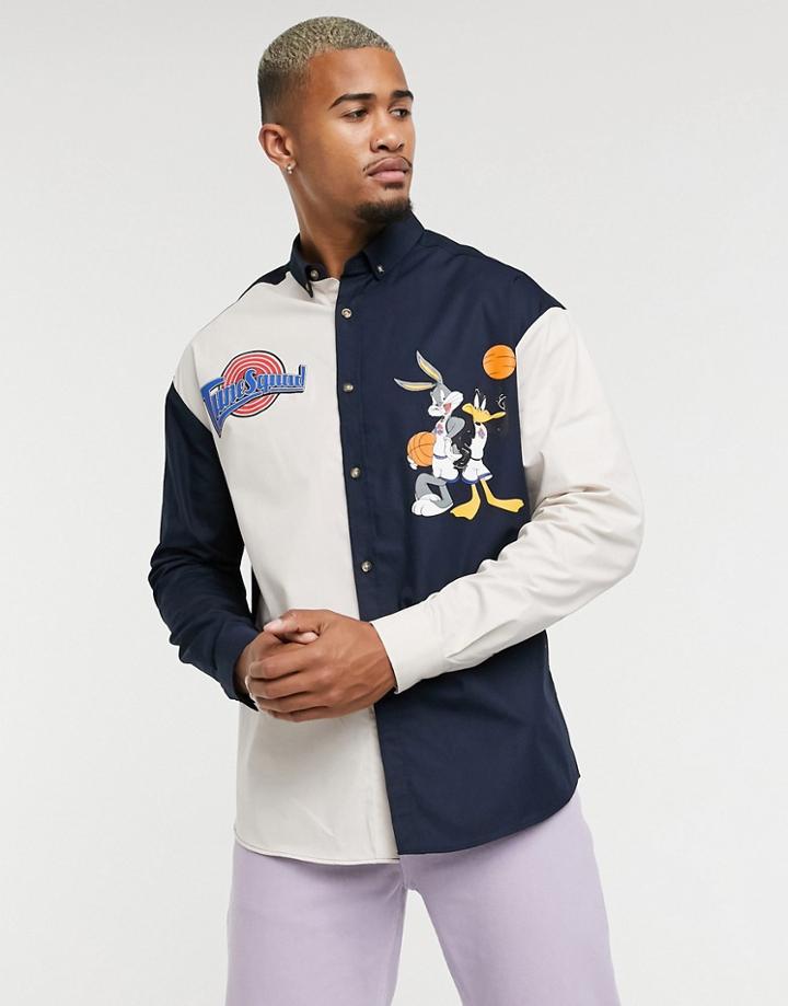 Asos Design Looney Tunes Space Jam 90s Oversized Button Down Shirt In Color Block-navy