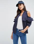 Asos Bomber Jacket With Ruffle Cold Shoulder - Navy