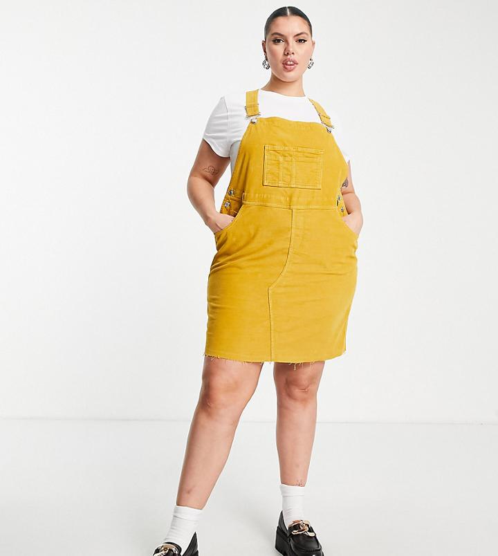 Asos Design Curve Cord Pinafore Dress In Dark Yellow