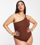 River Island Plus One Shoulder Textured Swimsuit In Brown