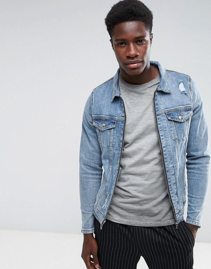 Just Junkies Denim Jacket With Abrasions And Zip - Blue