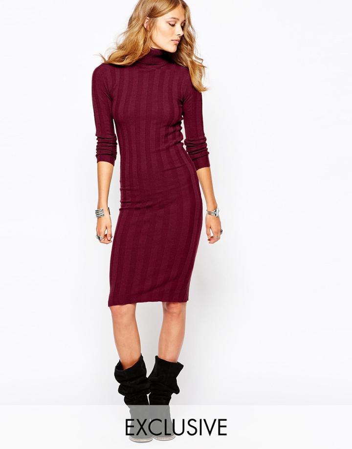 Stitch & Pieces Roll Neck Rib Body-conscious Midi Dress - Berry $43.00