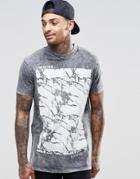Asos Longline T-shirt With Crack Print And Acid Wash With Step Hem - Gray