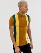 Asos Design Muscle Polo Shirt With Curved Hem With Vertical Color Block - Brown