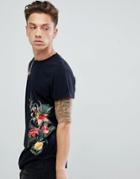 Hollister Curved Hem T-shirt Floral Side Print In Black - Black