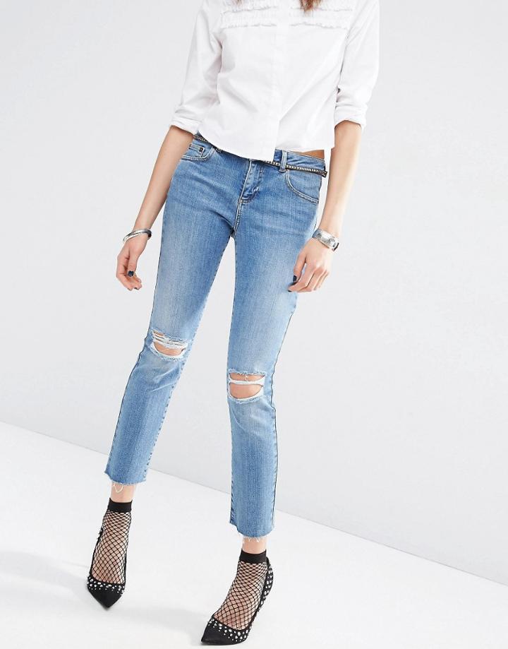Asos Pencil Straight Leg Jean In Heather Blue Wash With Rips - Midwash Blue