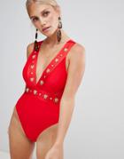 River Island Plunge Stud Detail Swimsuit-red