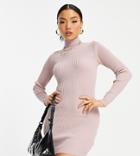 Missguided Petite Ribbed High Neck Mini Dress In Pink - Lpink