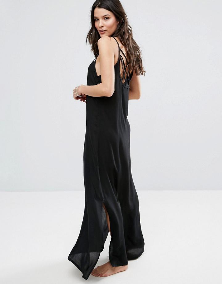 Liquorish Strappy Maxi Beach Dress With Cross Over Back - Black