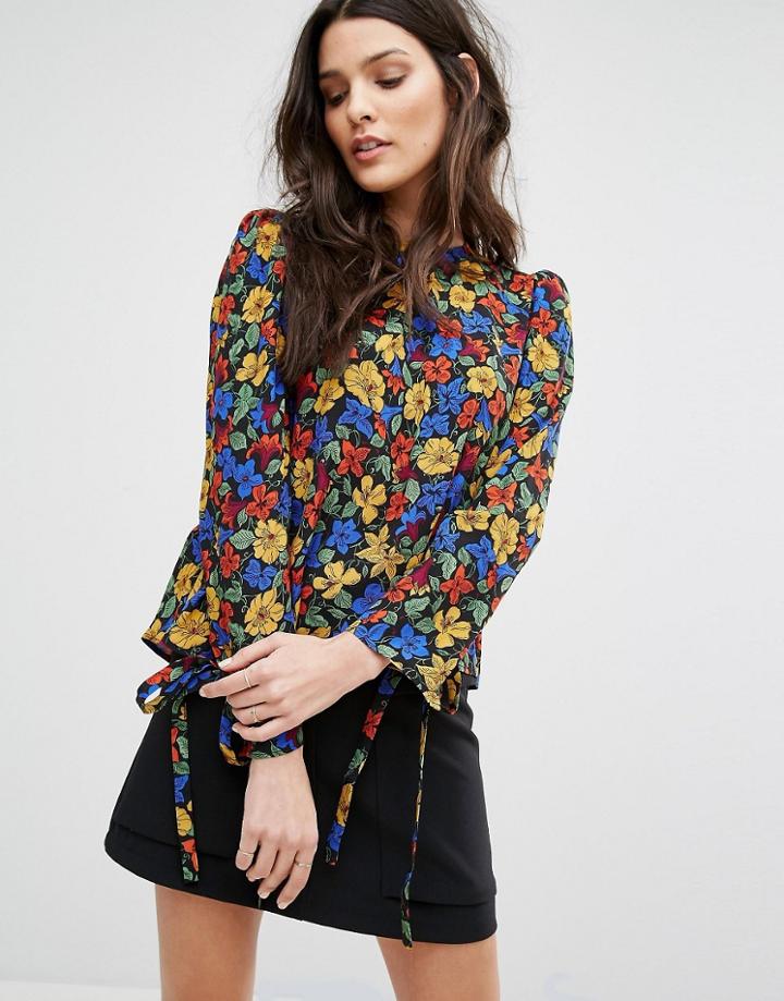 Mango Floral Tie Sleeve Blouse - Multi