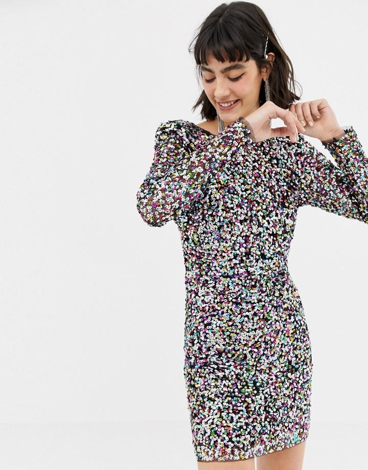 Mango Long Sleeve Sequin Dress In Rainbow - Multi