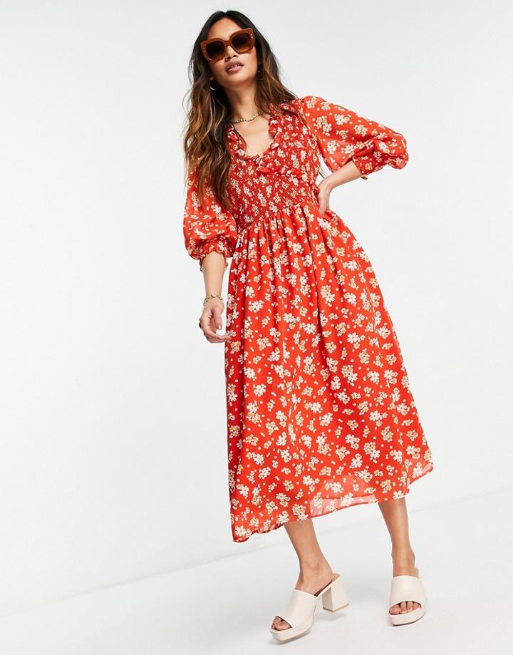 Asos Design Midi Smock Dress With Shirred Cuffs In Deep Red Floral Print-multi