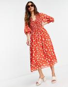 Asos Design Midi Smock Dress With Shirred Cuffs In Deep Red Floral Print-multi