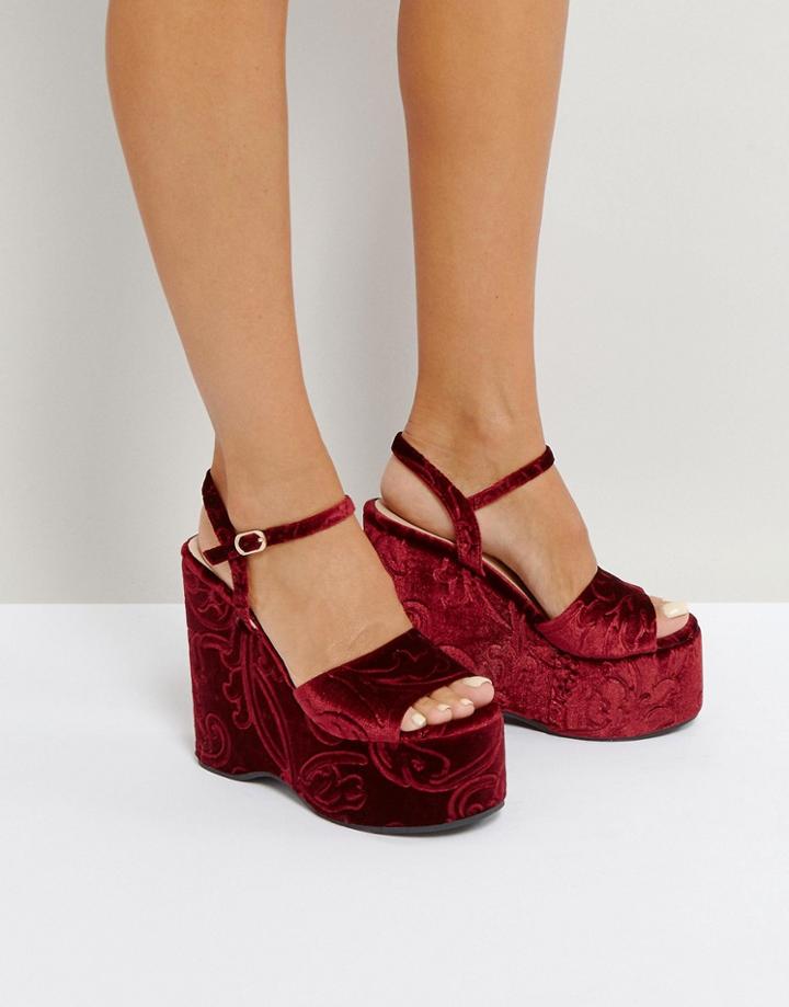 Lost Ink Burgandy Flock Wedge Heeled Sandals - Red