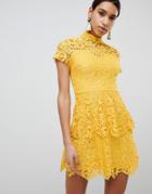 Missguided High Neck Lace Mini Dress - Yellow