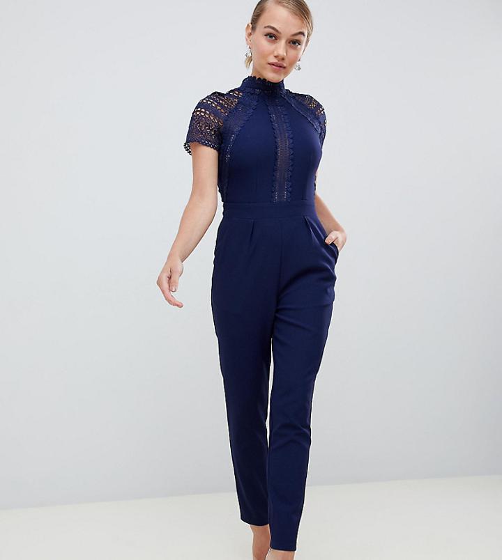 Little Mistress Petite Lace Detail Jumpsuit - Navy