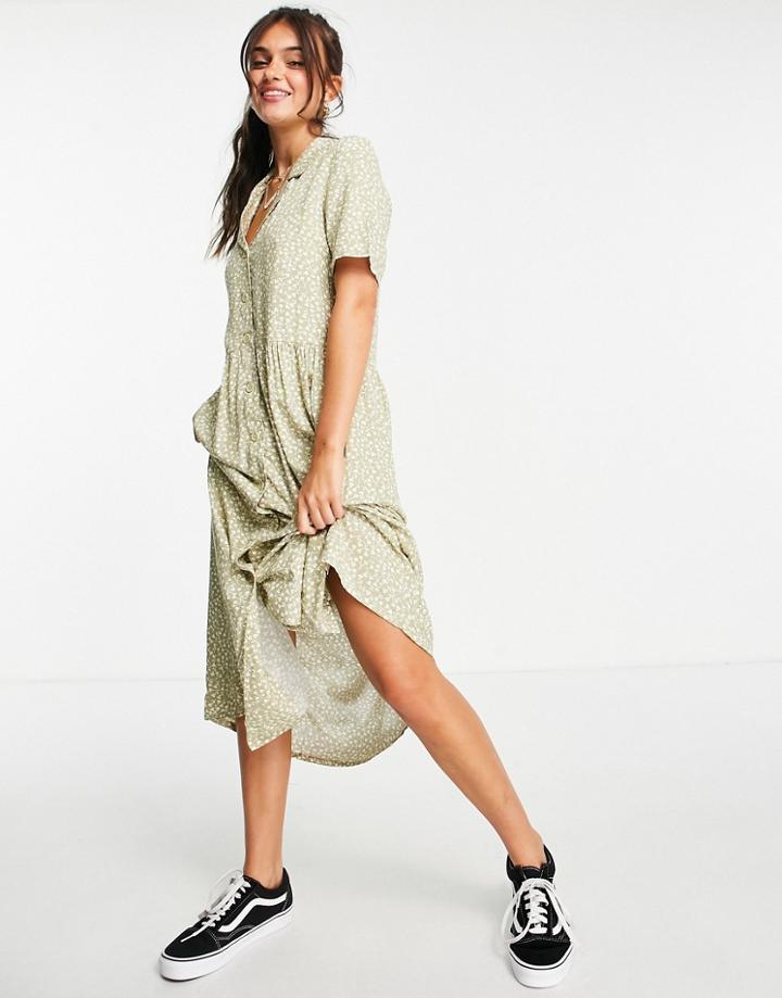 Monki Matten Ecovero Midi Shirt Dress In Green Floral Print