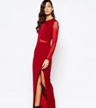 The 8th Sign Swirl Mesh Inset Maxi Dress With Deep Thigh Split - Red