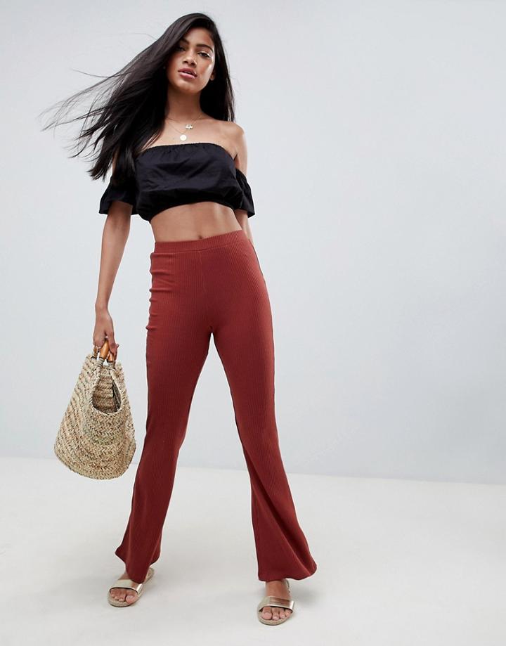Asos Design Flare Leggings In Rib - Brown