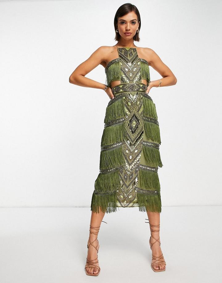 Asos Design High Neck Embellished Pencil Dress With Fringe In Green