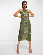 Asos Design High Neck Embellished Pencil Dress With Fringe In Green