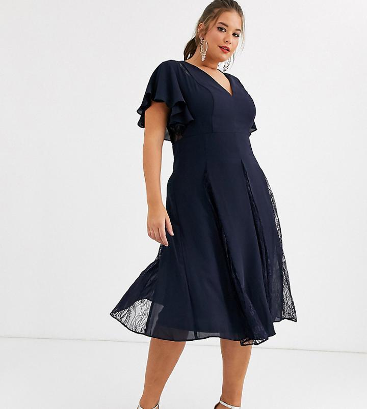 Asos Design Curve Midi Dress With Lace Godet Panels - Navy